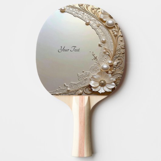 Modern White Flowers Pearls Ping Pong Paddle 卓球ラケット (正面)