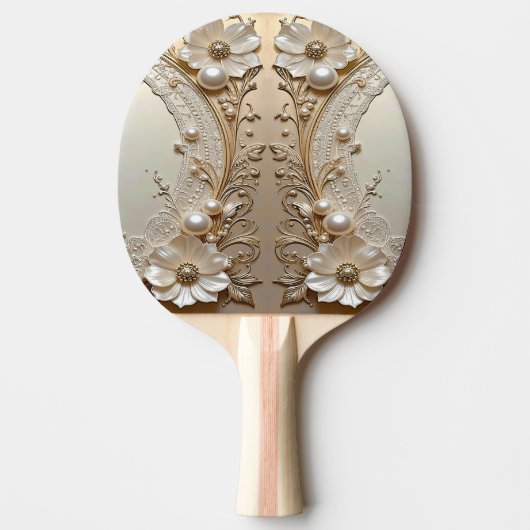 Modern White Flowers Pearls Ping Pong Paddle 卓球ラケット (正面)