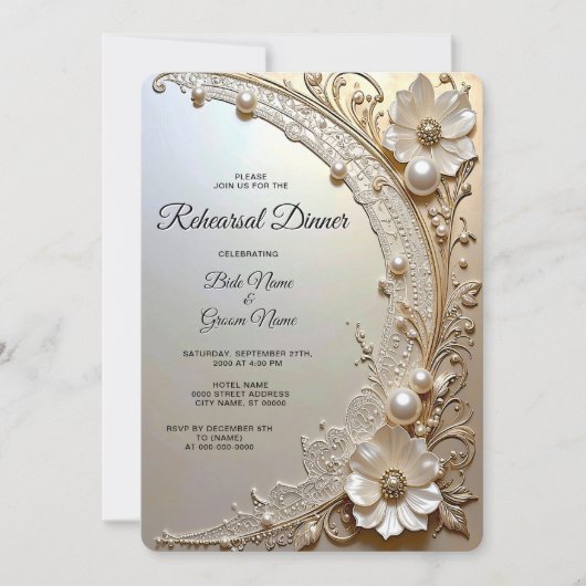 Modern White Flowers Pearls Rehearsal Dinner 招待状 (正面)