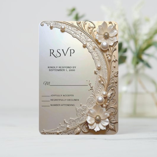 Modern White Flowers Pearls RSVP Card (スタンド正面)