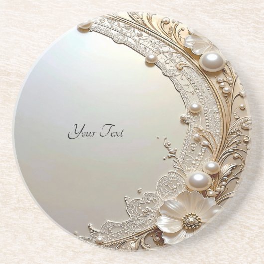 Modern White Flowers Pearls Sandstone Coaster コースター (正面)