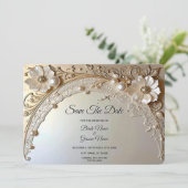 Modern White Flowers Pearls Save The Date セーブザデート (スタンド正面)