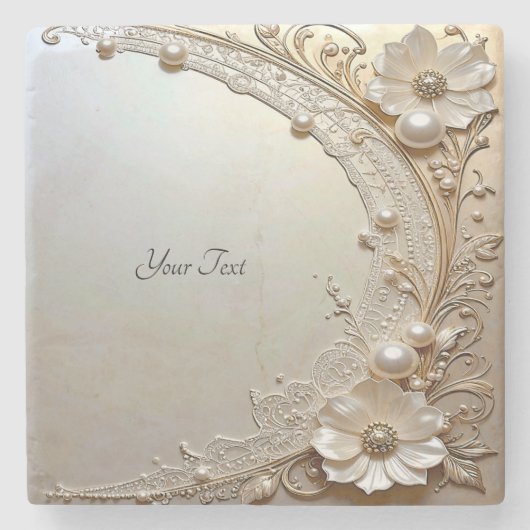 Modern White Flowers Pearls Stone Coaster ストーンコースター (正面)