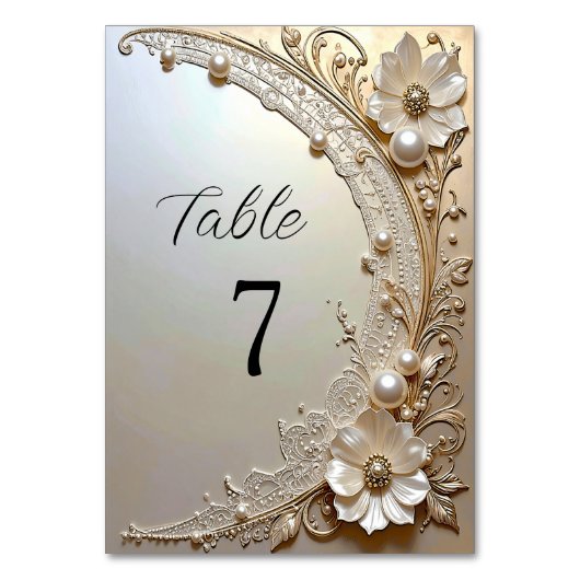 Modern White Flowers Pearls Table Number テーブルナンバー (正面)