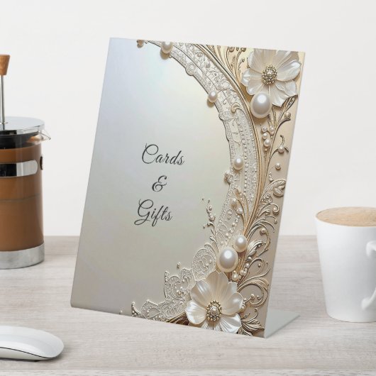 Modern White Flowers Pearls Tabletop Signs 台座サイン (インサイチュ)