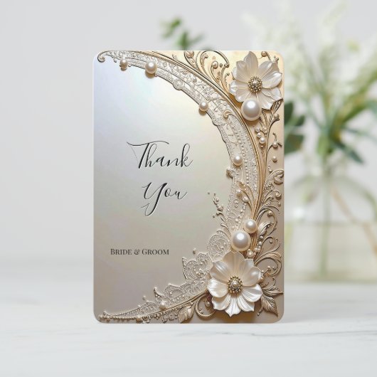 Modern White Flowers Pearls Thank You Card サンキューカード (スタンド正面)