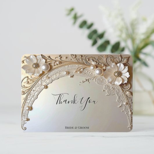 Modern White Flowers Pearls Thank You Card サンキューカード (スタンド正面)