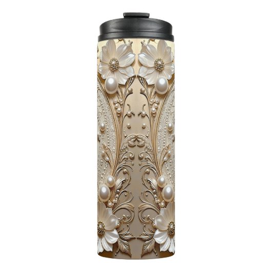Modern White Flowers Pearls Thermal Tumbler タンブラー (正面)