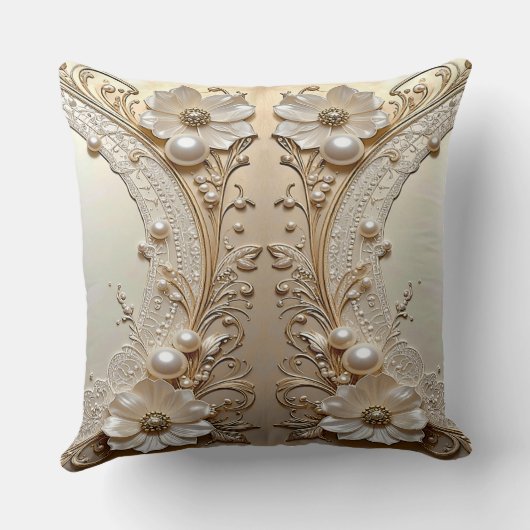Modern White Flowers Pearls Throw Pillow クッション (裏面)