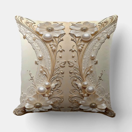 Modern White Flowers Pearls Throw Pillow クッション (正面)
