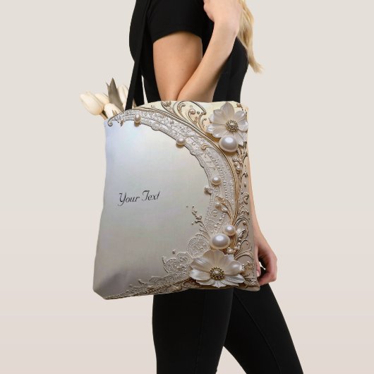 Modern White Flowers Pearls Tote Bag トートバッグ (クローズアップ)