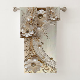 Modern White Flowers Pearls Towel Set バスタオルセット