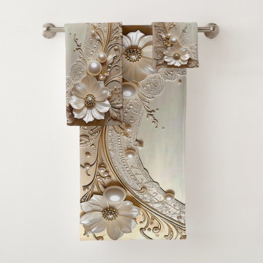 Modern White Flowers Pearls Towel Set バスタオルセット (インサイチュ)
