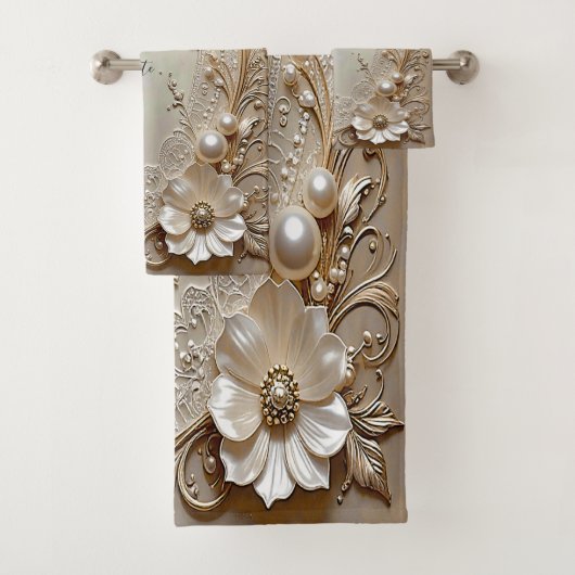 Modern White Flowers Pearls Towel Set バスタオルセット (インサイチュ)