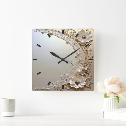 Modern White Flowers Pearls Wall Clock スクエア壁時計 (ホーム)