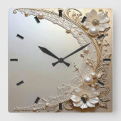 Modern White Flowers Pearls Wall Clock スクエア壁時計 (正面)