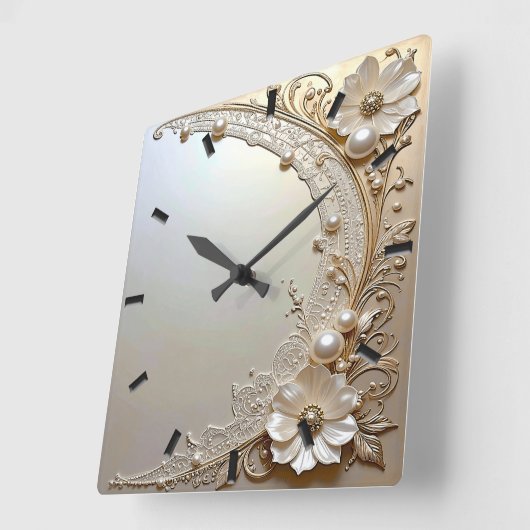 Modern White Flowers Pearls Wall Clock スクエア壁時計 (傾斜)