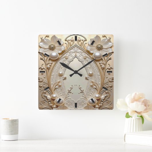 Modern White Flowers Pearls Wall Clock スクエア壁時計 (ホーム)