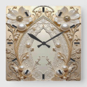 Modern White Flowers Pearls Wall Clock スクエア壁時計 (正面)