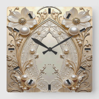 Modern White Flowers Pearls Wall Clock スクエア壁時計