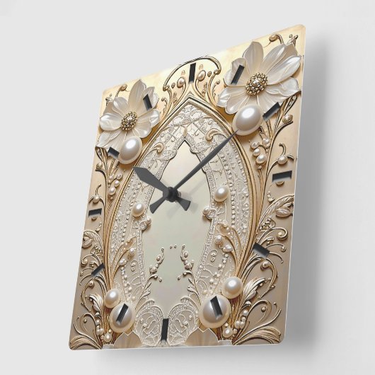 Modern White Flowers Pearls Wall Clock スクエア壁時計 (傾斜)