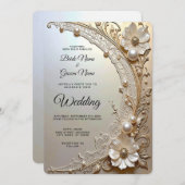 Modern White Flowers Pearls Wedding Invitation 招待状 (正面/裏面)