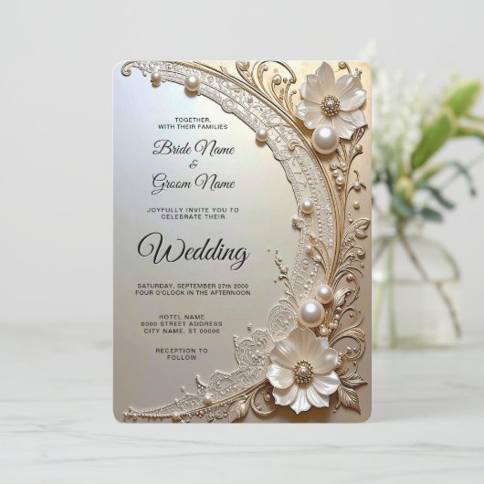 Modern White Flowers Pearls Wedding Invitation 招待状 (スタンド正面)