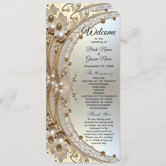 Modern White Flowers Pearls Wedding Program プログラム (正面/裏面)