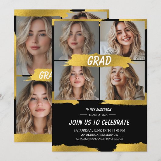 Modern White Gold 4Photo Graduation Party  招待状 (正面/裏面)