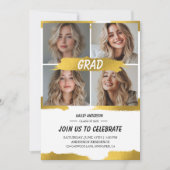 Modern White Gold 4Photo Graduation Party  招待状 (正面)