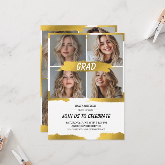 Modern White Gold 4Photo Graduation Party  招待状 (正面/裏面インサイチュ)