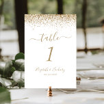 Modern White Gold Glitter Edge Wedding テーブルナンバー<br><div class="desc">The top edge of this elegant modern wedding table number features a gold faux glitter design. The customizable text combines gold-colored handwriting,  copperplate and italic fonts on a white background.</div>