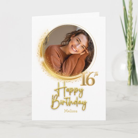 Modern White & Gold Photo Name 16th Birthday カード (正面)