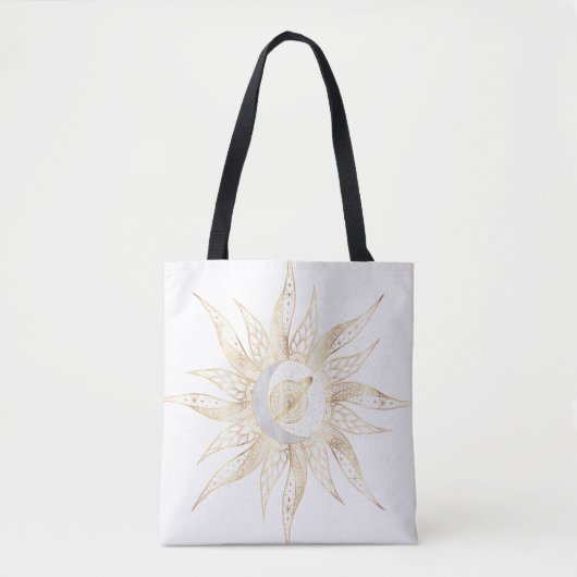 Modern White Gold Sun Moon Planet Universe Mandala トートバッグ (正面)