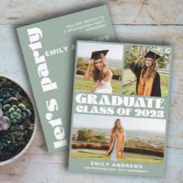 Modern White & Green 3 Photo Grad Party 招待状