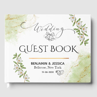 Modern White & Green Floral Watercolor Wedding  ゲストブック