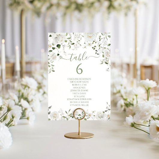 Modern White Green Floral Wedding Table Number 招待状