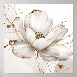 Modern White Magnolia Gold Line Art Floral Wedding ポスター