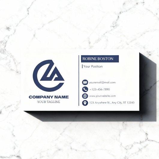 Modern White & Navy Corporate Business Card 名刺