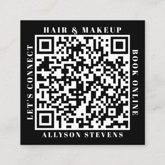 Modern White on Black Bold QR Code Hair & Makeup スクエア名刺 (正面)