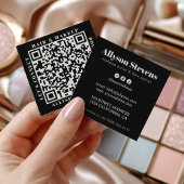 Modern White on Black Bold QR Code Hair & Makeup スクエア名刺