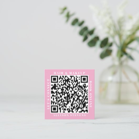 Modern White on Pink Bold QR Code Hair & Makeup スクエア名刺 (スタンド正面)