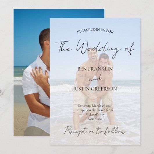 Modern White Overlay Photo Minimalist Elegant 招待状 (正面/裏面)