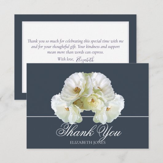 Modern White Roses Bridal Shower Thank You Card サンキューカード (正面/裏面)