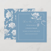 Modern White Roses Dusty Blue Floral Wedding セーブザデート (正面/裏面)