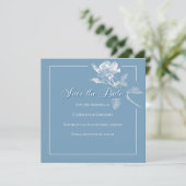 Modern White Roses Dusty Blue Floral Wedding セーブザデート (スタンド正面)
