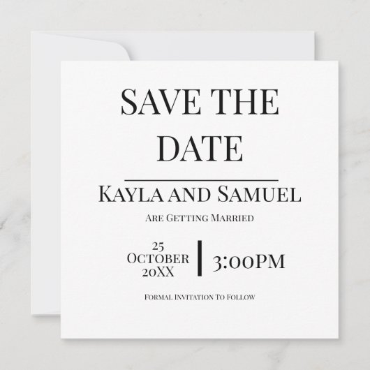 Modern White Save The Date Card with Black Text セーブザデート (正面)