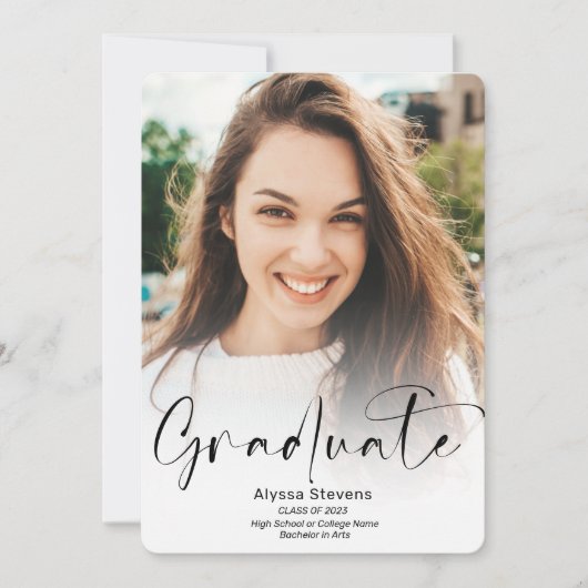 Modern white script 2 photos graduation 案内状 (正面)