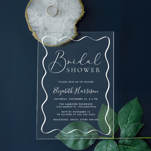 Modern White Wavy Frame Bridal Shower アクリル招待状