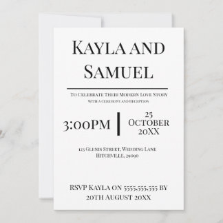 Modern White Wedding Invitation with Black Text 招待状